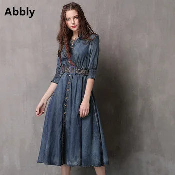 Denim Vintage Women's 2020 Autumn V-NeckThree-quarter Sleeves Hem Dress With Belt 
Denim Vintage Women's 2020 Autumn V-NeckThree-quarter Sleeves Hem Dress With Belt