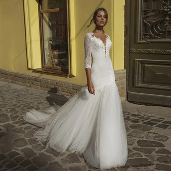 Verngo Mermaid Half Sleeve Boho Wedding Dresses Illusion Back Appliques Lace Bride Dress Sweep Train Bridal Gowns Robe De Mariee
Verngo Mermaid Half Sleeve Boho Wedding Dresses Illusion Back Appliques Lace Bride Dress Sweep Train Bridal Gowns Robe De Mariee