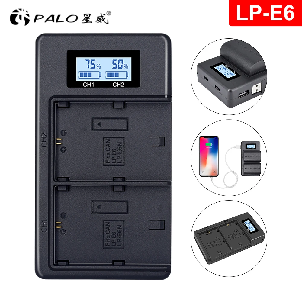 

LP E6 LPE6 LP-E6 E6N Battery LCD Dual Charger For Canon EOS 5DS R 5D Mark II 5D Mark III 6D 7D 80D EOS 5DS R Camera