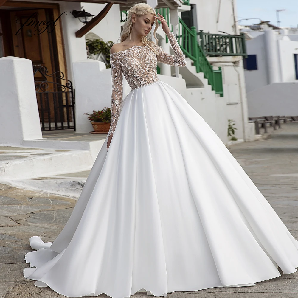 Fmogl Sexy Illusion Long Sleeve Princess A Line Wedding Dresses Off The Shoulder Matte Satin Beaded Pearls Bride Gown
Fmogl Sexy Illusion Long Sleeve Princess A Line Wedding Dresses Off The Shoulder Matte Satin Beaded Pearls Bride Gown