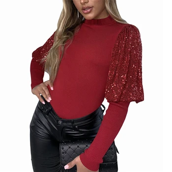 New Sexy Women Ladies Puff Sleeve Tops Sequined Patchwork Pullover Long Sleeve Fashion Blouse Loose Jumper Ribbed Shirt
New Sexy Women Ladies Puff Sleeve Tops Sequined Patchwork Pullover Long Sleeve Fashion Blouse Loose Jumper Ribbed Shirt