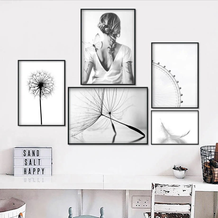 Одуванчика или перьев бабочки Wall Art Холст Картина Nordic Плакаты и принты черный