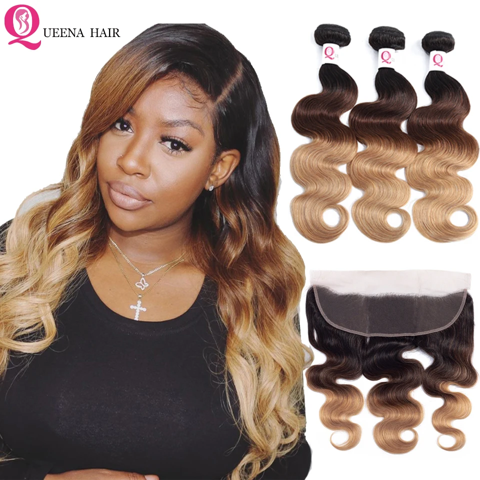 

Body Wave 1B/4/27 Ombre Bundles With Frontal Closure Remy Raw Indian Human Hair 13*4 Lace Frontal With Bundles Natural Hairline