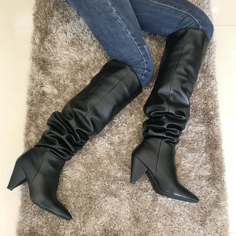

Black Leather Thigh High Boots Spike Heel Women High Heel Over The Knee Boots Woman Pleated Pointed Toe Hiden Zip Winter Boots