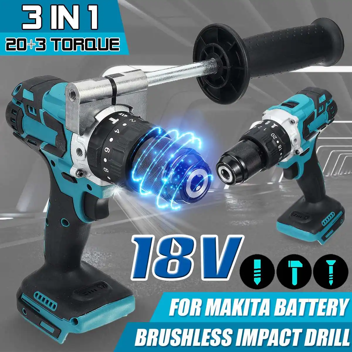 3 in 1 Brushless Electric Hammer Driver Drill with Handle 20+3 Torque Cordless Compact Impact Drill For Makita 18V Battery
3 in 1 Brushless Electric Hammer Driver Drill with Handle 20+3 Torque Cordless Compact Impact Drill For Makita 18V Battery