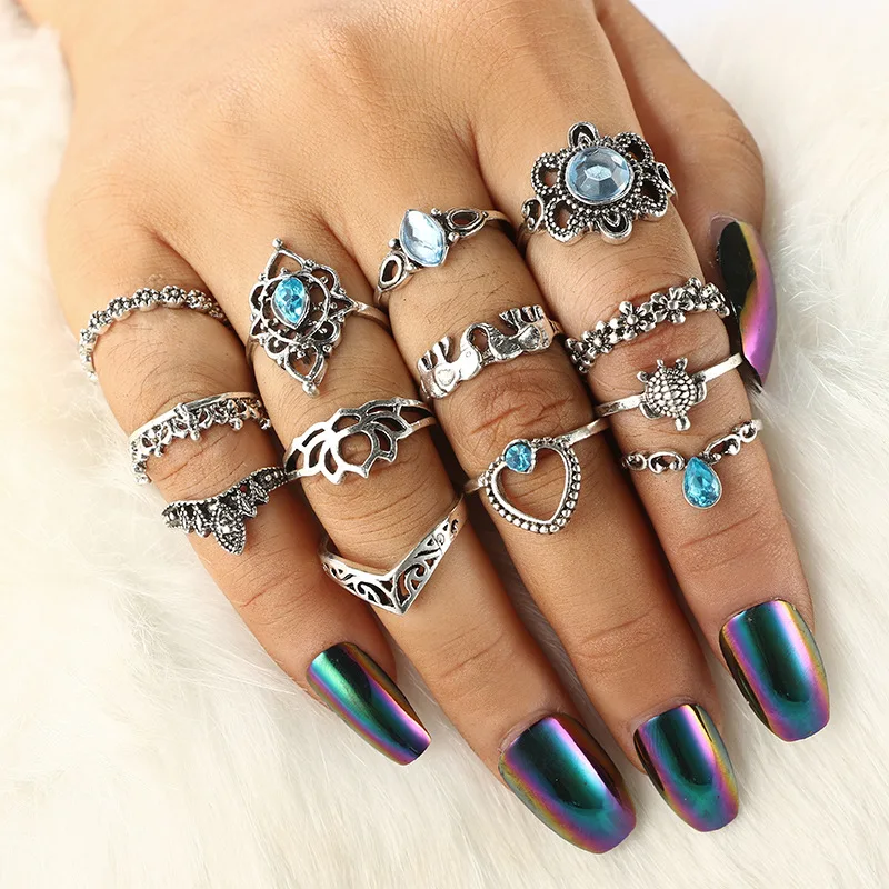 13 pcs/set Finger Ring Set For Women Heart Totem Hollow Crown Turtle Elephant Blue Crystal Water Drop Knuckle Ring Accessories
13 pcs/set Finger Ring Set For Women Heart Totem Hollow Crown Turtle Elephant Blue Crystal Water Drop Knuckle Ring Accessories