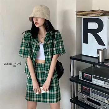 Korea Summer Outfit Vintage Short Sleeve Single Breasted Shirt High Waist A-Line Mini Skirt Fashion Green Plaid Two-Piece Set
Korea Summer Outfit Vintage Short Sleeve Single Breasted Shirt High Waist A-Line Mini Skirt Fashion Green Plaid Two-Piece Set