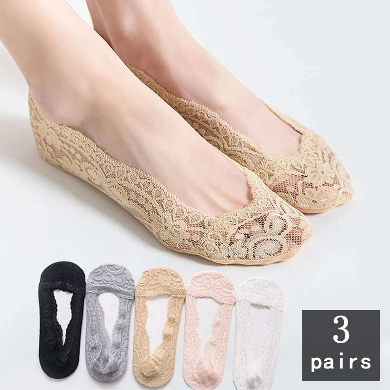 

3pairs Summer women girl Silica Gel Lace Boat Socks Invisible Cotton Sole Non-slip Antiskid Slippers Anti-Slip Short Sock