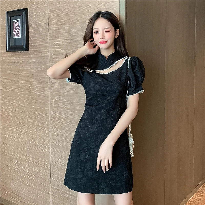 

Evening Dresses Cheongsam Women's Summer New Lace Splicing Puff Sleeves Print Dress Black White High Waist Dress Chinese Style