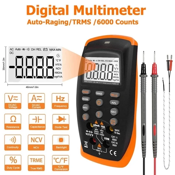 

Digital Multimeter TRMS 6000 Counts Voltmeter Ammeter Ohmmeter for AC DC Volt &Current, Ohm,Capacitance,Temp,Hz and Diode Tester