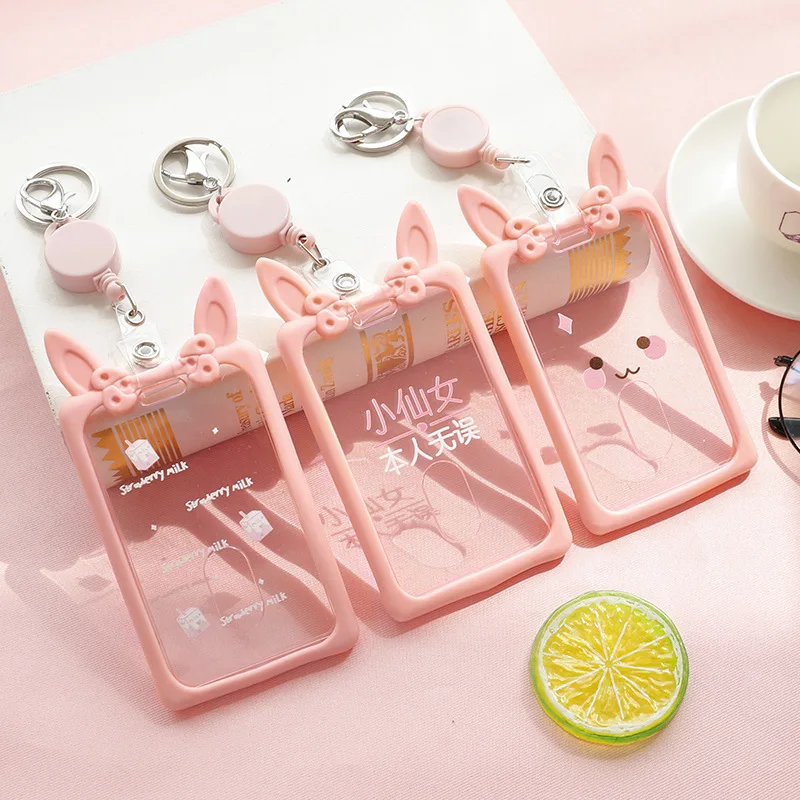 Cute Ear Transparent Retractable Card Holder Silicone Case Girl Student Clear ID Pass Cover Keychain Women Badge | Багаж и сумки