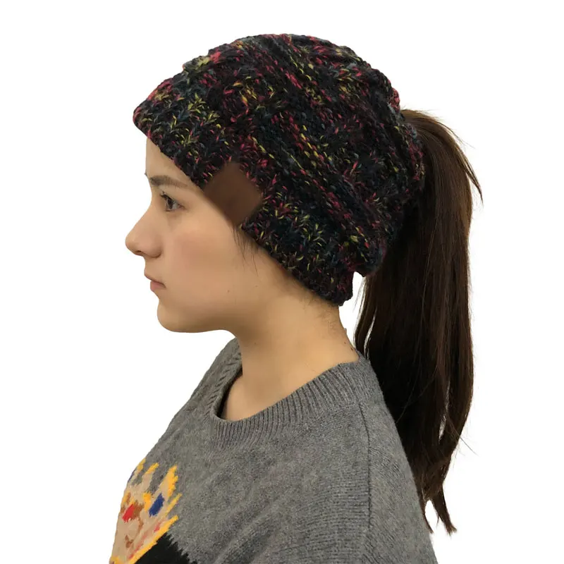 

Ponytail Beanie Hat Winter Warm Cap Women Messy Bun Knitted Hats Stretch Crochet Holey Hat Fashion Skullies Beanies Autumn Caps