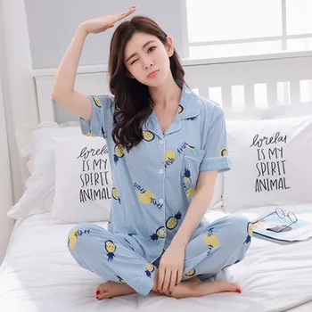 Summer Ladies Pajamas Women Short-sleeved Trousers Cardigan Lapel Button Suit Casual Furniture Clothes Home Sleepwear
Summer Ladies Pajamas Women Short-sleeved Trousers Cardigan Lapel Button Suit Casual Furniture Clothes Home Sleepwear