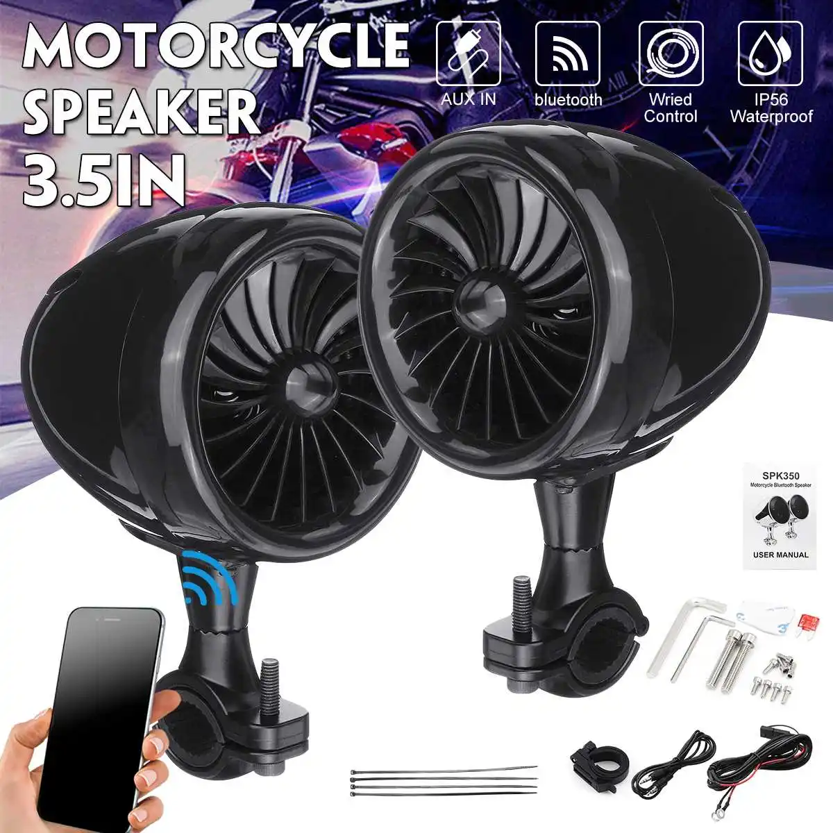Motorcycle ATV Audio System with bluetooth FM Radio Aux Input Wired Control One Pair of 2" Waterproof Speakers 
Motorcycle ATV Audio System with bluetooth FM Radio Aux Input Wired Control One Pair of 2" Waterproof Speakers