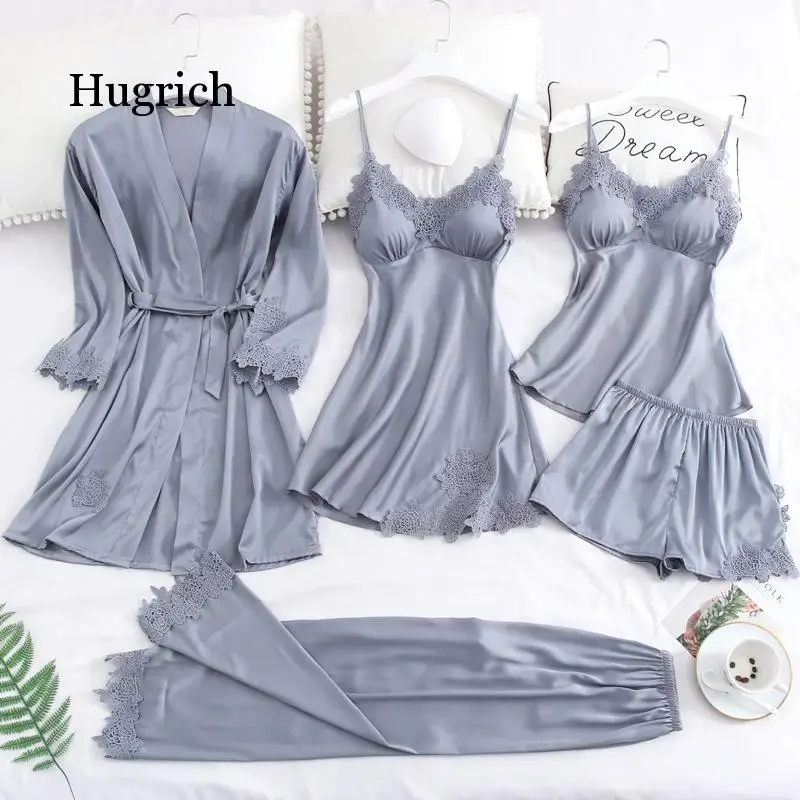 5 Piece Pajamas Set Sexy Lace Stain Women Pajamas Faux Silk Dressing Gown Lace Summer Robe Sleepwear with Chest Pads
5 Piece Pajamas Set Sexy Lace Stain Women Pajamas Faux Silk Dressing Gown Lace Summer Robe Sleepwear with Chest Pads
