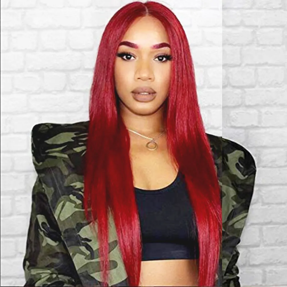 Full Lace Wigs Red Straight Brazilian Remy Hair Preplucked Bleached Konts Glueless Wigs With Transpartent Lace For Women