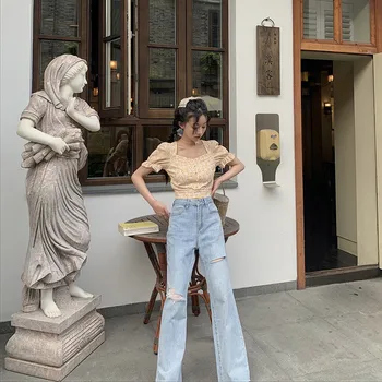 2020 new literary retro hole jeans high waist was thin and loose trousers women summer
2020 new literary retro hole jeans high waist was thin and loose trousers women summer