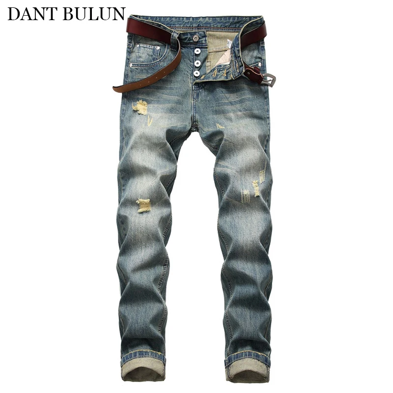 

Mens Vintage Jeans Classical Button Fly Straight Denim Pants Scratched Mens Clothes Ripped Washed Trousers Male Slim Fit Pants