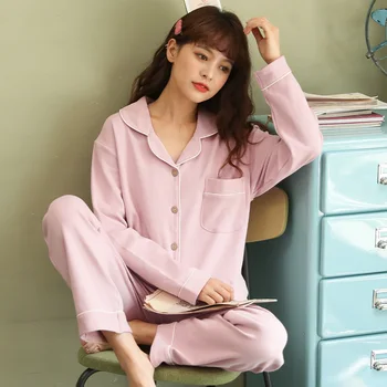 Women Pajamas Set Long Sleeve Pyjamas Turn-down Collar Loose Sleepwear Cotton Home Suit Pijama Feminino Homewear 
Women Pajamas Set Long Sleeve Pyjamas Turn-down Collar Loose Sleepwear Cotton Home Suit Pijama Feminino Homewear