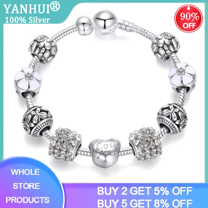 YANHUI New Design Silver Charm Bracelet White Heart/Flower Pattern Crystal Beads Bracelet Fashion Jewelry Gift for Women Girl
YANHUI New Design Silver Charm Bracelet White Heart/Flower Pattern Crystal Beads Bracelet Fashion Jewelry Gift for Women Girl