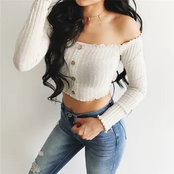 New Sexy Women T-Shirts Womens Single Buttons Knitted Crop Tops Tees Ladies Off Shoulder Long Sleeve Tops T Shirts
New Sexy Women T-Shirts Womens Single Buttons Knitted Crop Tops Tees Ladies Off Shoulder Long Sleeve Tops T Shirts