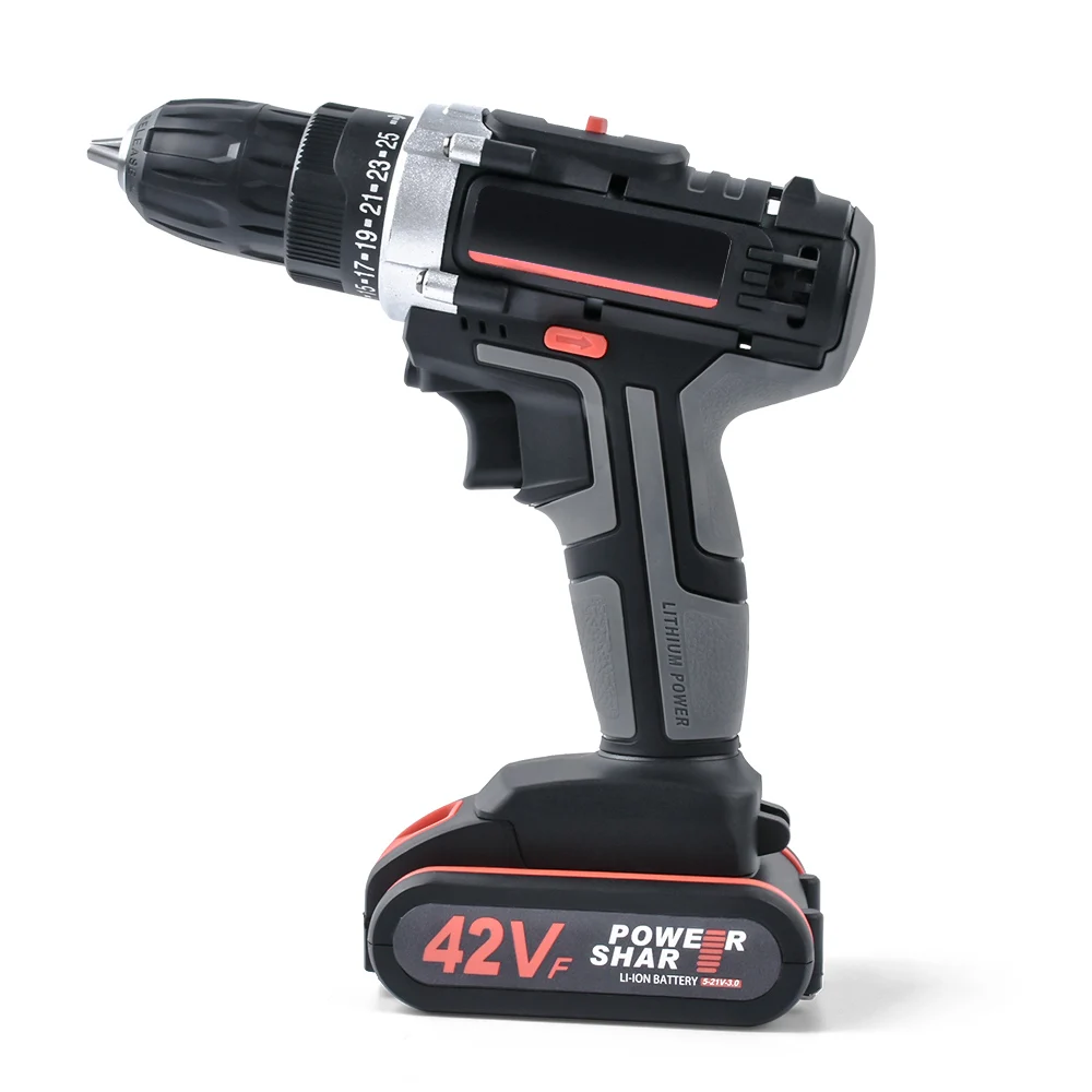 42VF Double Speed Cordless Rechargeable Electric Drill Lithium Battery Powered Electric Hand Drill with 2pcs Battery
