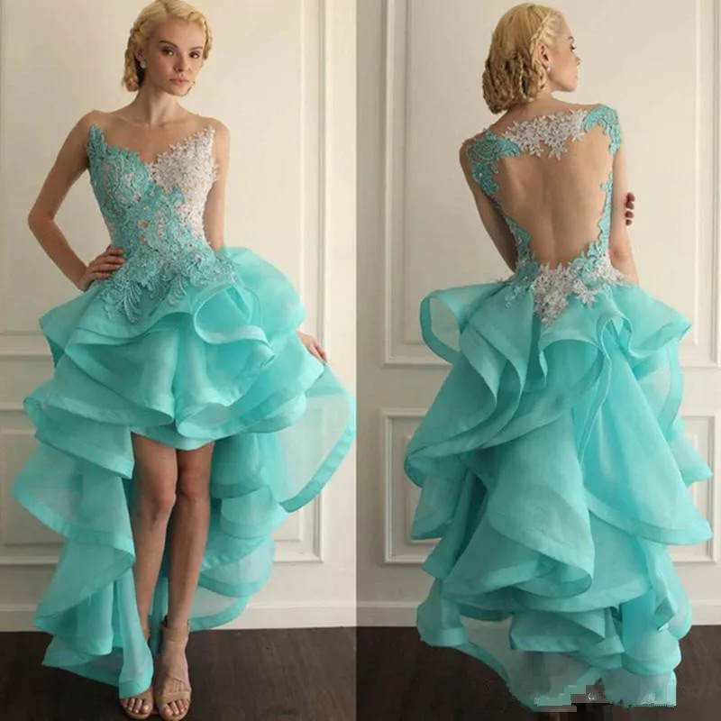 Latest Charming Aqua High Low Sleeveless Prom Party Dresses Illusion Neckline Lace Appliqued Wedding Guest Gowns Ruffles Skirt
Latest Charming Aqua High Low Sleeveless Prom Party Dresses Illusion Neckline Lace Appliqued Wedding Guest Gowns Ruffles Skirt