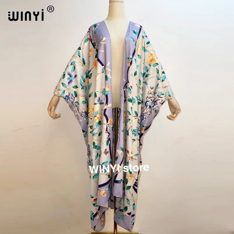 

Kuwait Sunmer 2021 WINYI Women Cardigan coat loose Long Dress Cocktail Party Boho Maxi African Holiday Batwing Sleeve Silk Robe