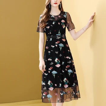 Gedivoen Vintage Summer Dress Women Fashion Designer Short Sleeve Mesh Floral Embroidery A Line Dress High Waist Black Dresses 
Gedivoen Vintage Summer Dress Women Fashion Designer Short Sleeve Mesh Floral Embroidery A Line Dress High Waist Black Dresses