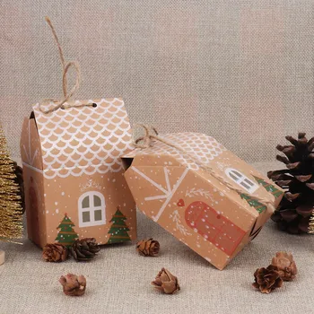 Cyuan 5Pcs Mini House Shape Christmas Candy Gift Box with Ropes Xmas Tree Cookie Bags Merry Christmas Guests Packaging Boxes Bag
