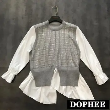 2020 New Spring Full Body Diamond Drill Shiny Knitted Vest Clip Stitching Irregular Hem Shirt Woman Loose Blouse Female Tops
2020 New Spring Full Body Diamond Drill Shiny Knitted Vest Clip Stitching Irregular Hem Shirt Woman Loose Blouse Female Tops