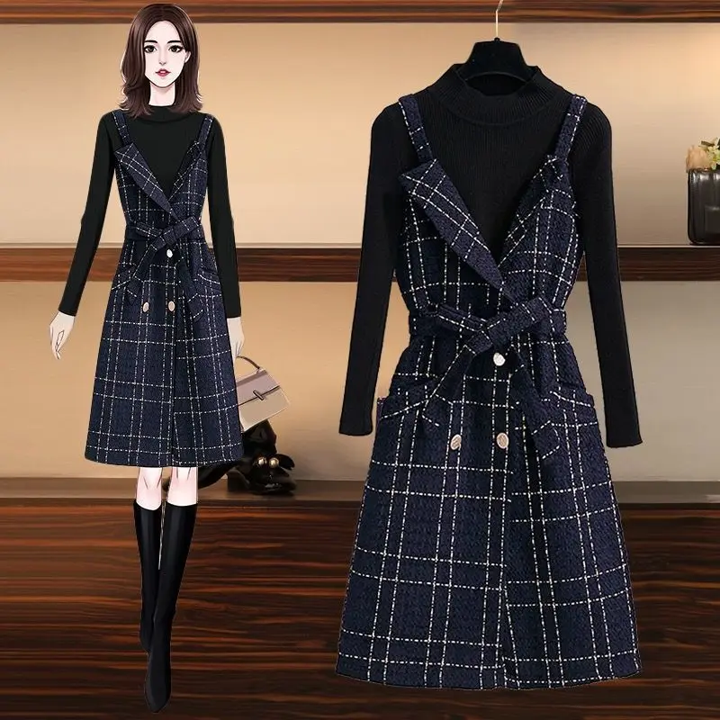 

Large Size Women's Temperament Was Thin, Bottoming Knit Sweater, Suspender Skirt, Small Fragrance Style Suspender Dress