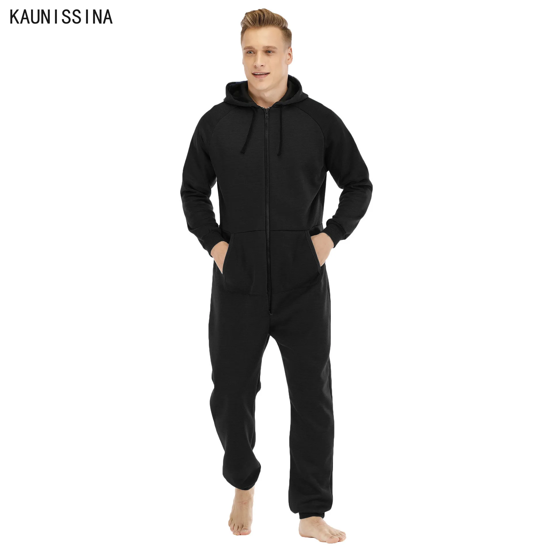 

Men One Piece Pajamas Set Long Sleeve Hooded Sleepwear Zip Front Fleece Lined Pajama Set Adult Onesies Home Winter Loungewear