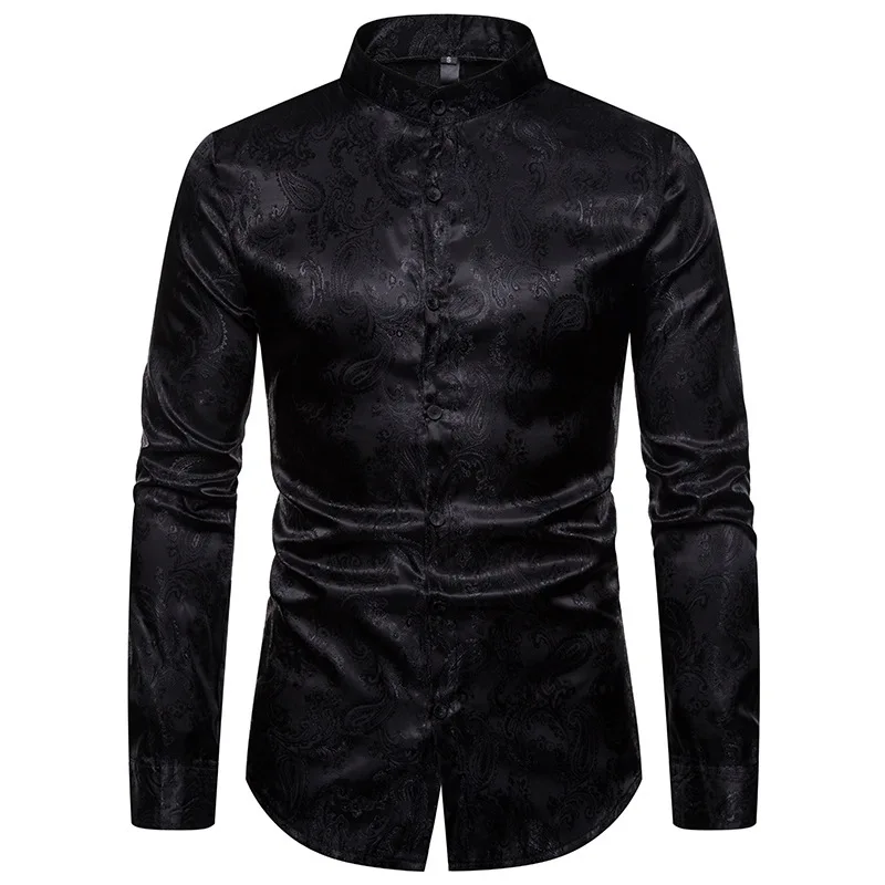

Black Mandarin Collar Paisley Shirt Men 2021 Brand Slim Fit Long Sleeve Button Up Shirt Men Party Work Business Chemise Homme