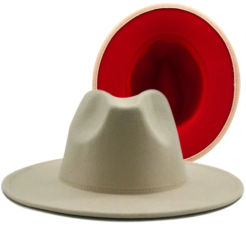 

Simple Outer cream Inner red Wool Felt Jazz Fedora Hats with Thin Belt Buckle Men Wide Brim Panama Trilby Cap 56-58CM