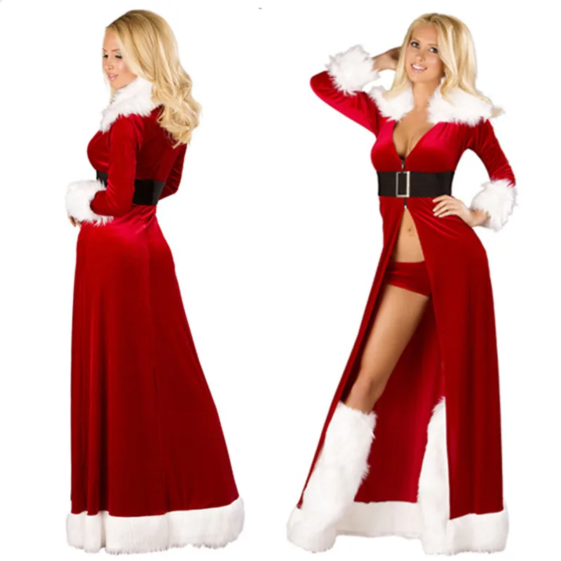 Женский красный бархатный пикантный Рождественский костюм высокого качества, Женский Рождественский костюм с длинным рукавом и Санта-Клаусом