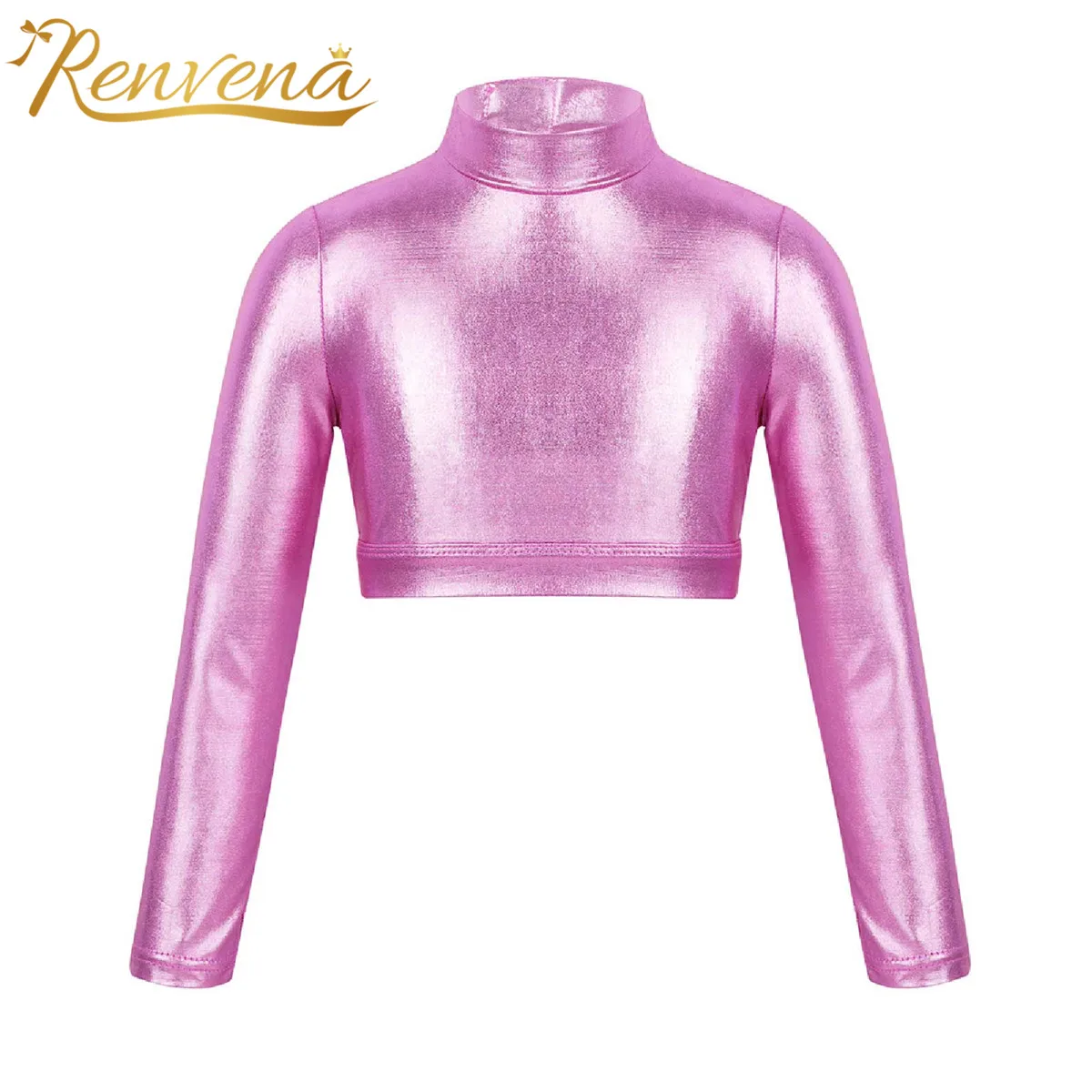 

Kids Girls Glossy Metallic Crop Tops Mock Neck Long Sleeves Top For Dancing Stage Performance Gymnastics Jazz Hip Hop Dancewear