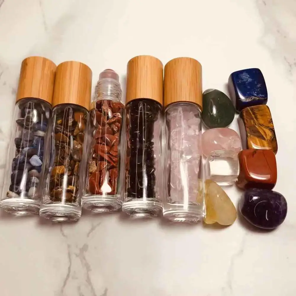 10ml Natural Glass Crystal Stone Essential Oil Massage Roller Bottles doterra Roll On crystal Perfume bottle bamboo cap | Красота и