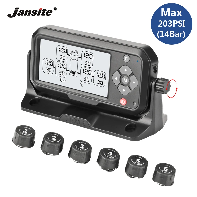 Jansite Wireless Truck TPMS Tire Pressure Monitoring System Battery Power Max 203 PSI unit Display Auto Alarm System Six Sensors
Jansite Wireless Truck TPMS Tire Pressure Monitoring System Battery Power Max 203 PSI unit Display Auto Alarm System Six Sensors
