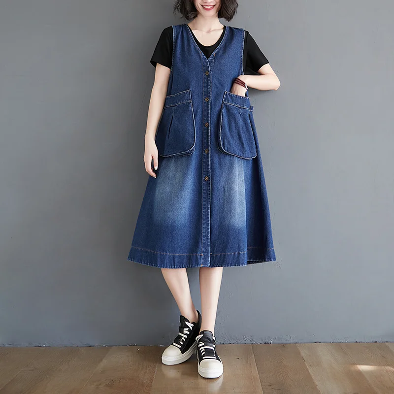 

#2126 Spring Summer Denim Dress Women V Neck Sleevelsss Tank Top Dresses Single Breasted A-line Midi Dress Female Big Pockets