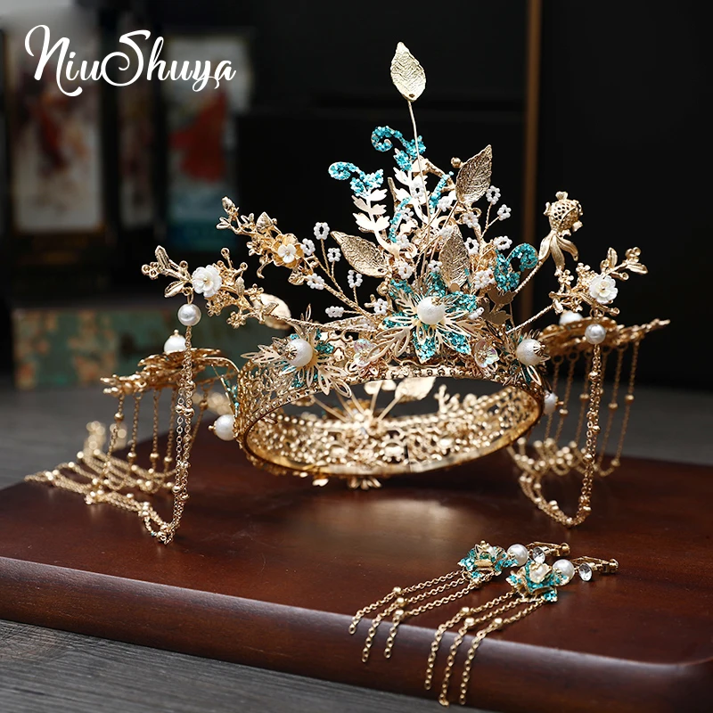 

NiuShuya Vintage Chinese Bridal Crown Wedding Headdress Accessories Golden Leaf Blue Glitter Flower Hair Jewelries