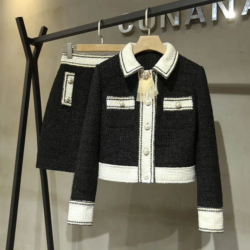 Women's Fashion Autumn New Temperament Suits Lapel Tweed Short Jacket+ Half Skirt Two-Piece Female Sets |
