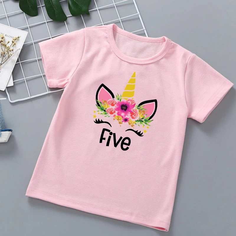 

2021 Funny Unicorn Eyelashe Flower Birthday Gift Graphic Print T Shirts Girls T-Shirts Kids Clothes Harajuku Children Clothing