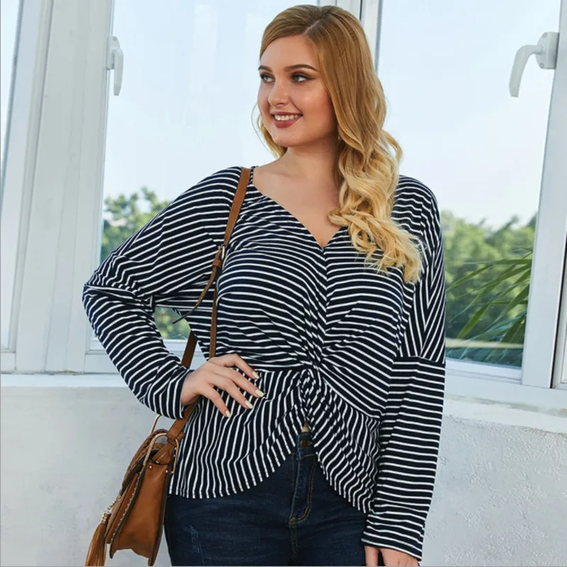 

Women Plus Size Striped T-Shirts Spring Summer 2020 Long Sleeve V-Neck Hem Knotted Tops Tees Ladies Casual Splicing T shirts