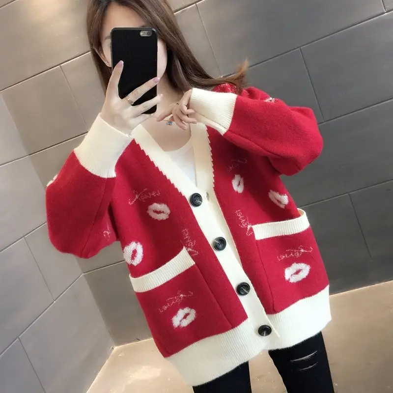 

Autumn Korean Fashion Patchwork Knitting Sweater Women 4 Color Tops Loose V-Neck Long Sleeve Big Pocket Knitted Cardigan Female