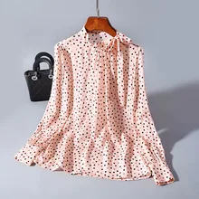 100% real seda blusa feminina manga comprida camisas polka dot blusa primavera topos vintage blusas mujer de moda lwl1613(China)