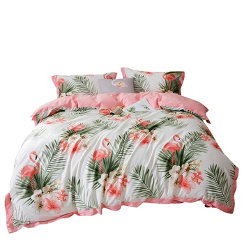 white and pink flamingos bedding set luxury 4pcs green plants fresh bedroom decor 100% cotton satin bed set queen parure de lit 
white and pink flamingos bedding set luxury 4pcs green plants fresh bedroom decor 100% cotton satin bed set queen parure de lit