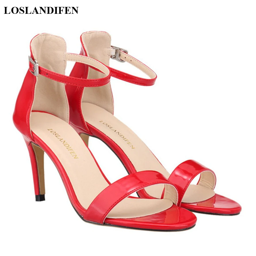 

Patent Leather Concise Women Sandals Summer Red Black Open Toe Female Ankle Buckle Thin Heel Gladiator Shoes Party Wedding Pumps