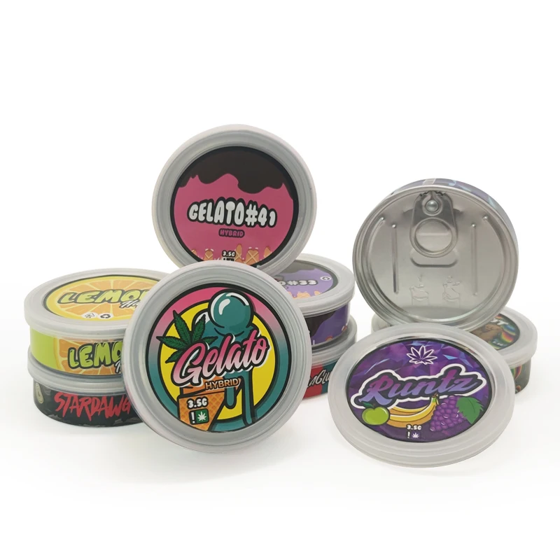 

3.5g Tin Cans With Stickers In Stock 12 Designs, 100ml Pressitin Box 73.3*24mm Tuna Packaging