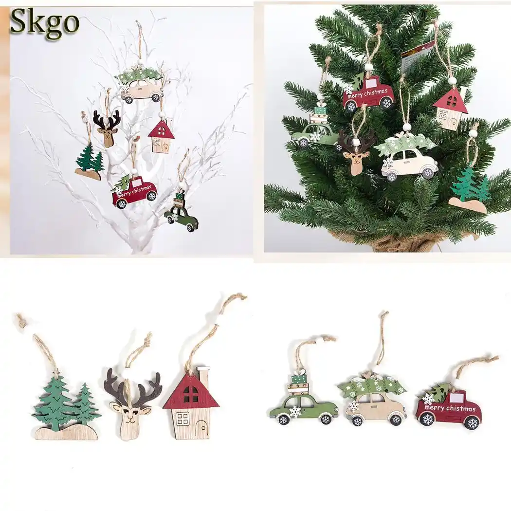 tree ornament wooden pendant christmas gift tree,house,deer set